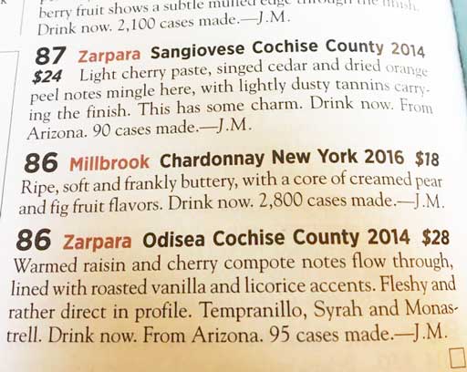 Snapshot of Winespectator magazine page with Zarpara wines listed